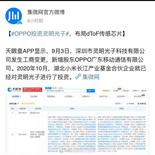 OPPO投资灵明光子公司，后者是dToF传感芯片开发商