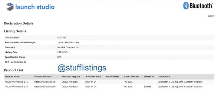 华硕VivoWatch 5 LTE现身蓝牙SIG认证，相隔两年将再推智能手表？